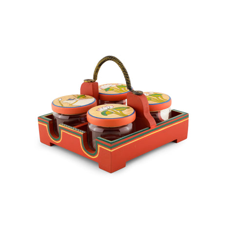 Dudki Wooden Serving Tray with 4 Glass Jaar