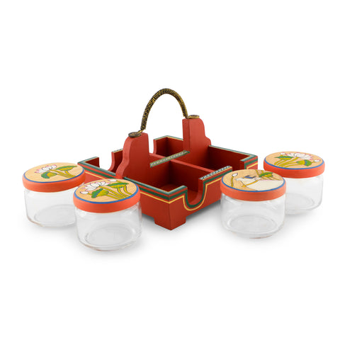 Dudki Wooden Serving Tray with 4 Glass Jaar