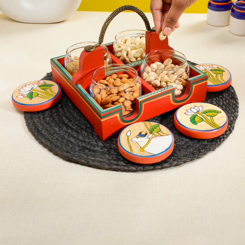 Dudki Wooden Serving Tray with 4 Glass Jaar