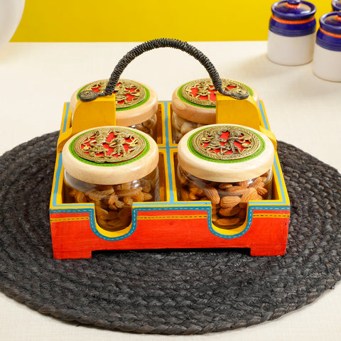 Dudki Wooden Serving Tray with 4 Glass Jaar