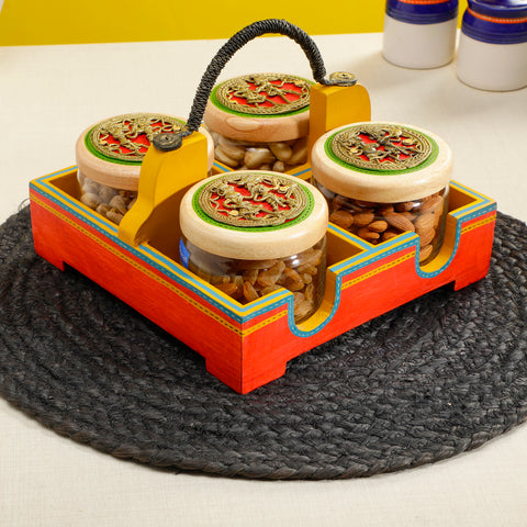 Dudki Wooden Serving Tray with 4 Glass Jaar