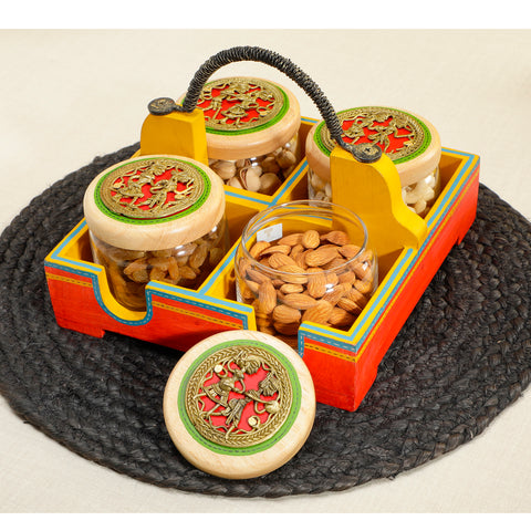 Dudki Wooden Serving Tray with 4 Glass Jaar