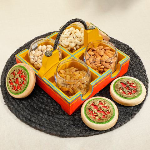 Dudki Wooden Serving Tray with 4 Glass Jaar