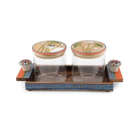 Dudki Wooden Serving Tray With 2 Piece Glass Jaar