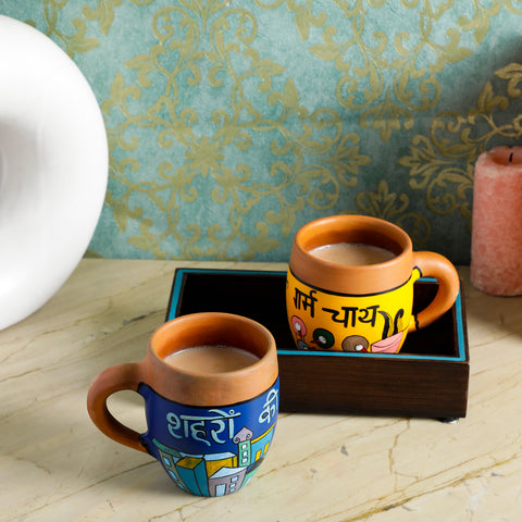 Dudki Wooden Serving Tray with Two Terracotta Cups