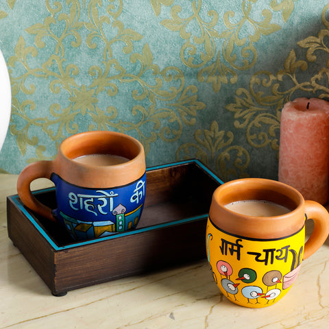 Dudki Wooden Serving Tray with Two Terracotta Cups