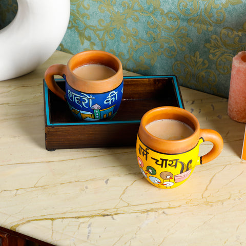 Dudki Wooden Serving Tray with Two Terracotta Cups