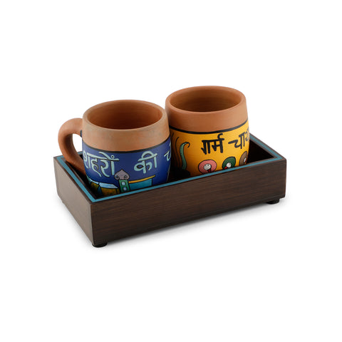 Dudki Wooden Serving Tray with Two Terracotta Cups