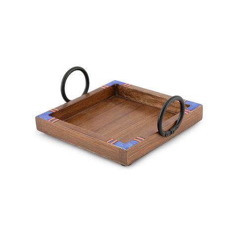 Dudki Wooden Tray with Ceramic Blue Pickle Jaar, Salt, Pepper and Musturd Toothpick Holder Set