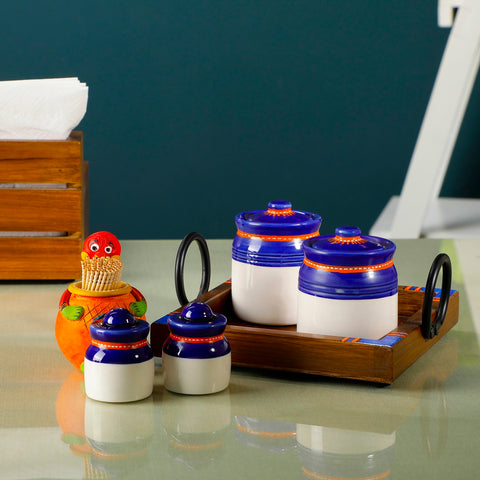 Dudki Wooden Tray with Ceramic Blue Pickle Jaar, Salt, Pepper and Musturd Toothpick Holder Set