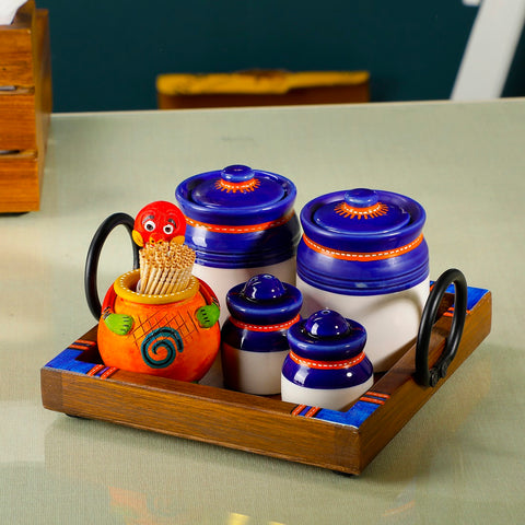 Dudki Wooden Tray with Ceramic Blue Pickle Jaar, Salt, Pepper and Musturd Toothpick Holder Set