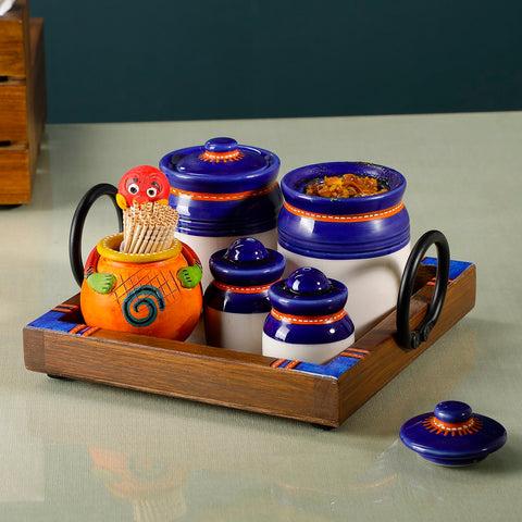 Dudki Wooden Tray with Ceramic Blue Pickle Jaar, Salt, Pepper and Musturd Toothpick Holder Set