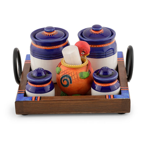 Dudki Wooden Tray with Ceramic Blue Pickle Jaar, Salt, Pepper and Musturd Toothpick Holder Set