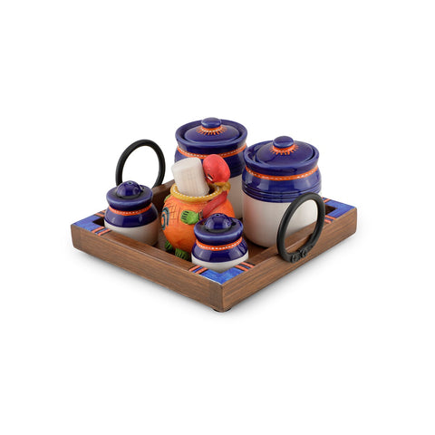 Dudki Wooden Tray with Ceramic Blue Pickle Jaar, Salt, Pepper and Musturd Toothpick Holder Set