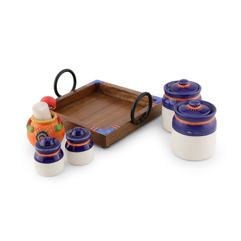 Dudki Wooden Tray with Ceramic Blue Pickle Jaar, Salt, Pepper and Musturd Toothpick Holder Set