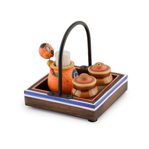 Dudki Wooden Serving Tray with Ceramic Salt Pepper & Musturd Tootpick Holder Set