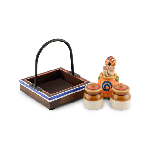 Dudki Wooden Serving Tray with Ceramic Salt Pepper & Musturd Tootpick Holder Set