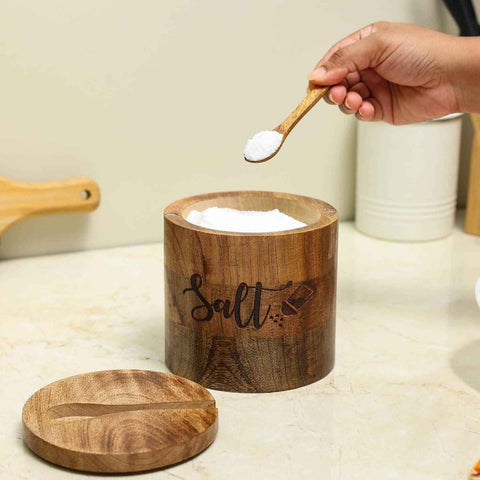 Dudki Wooden Salt Box with Attached Spoon