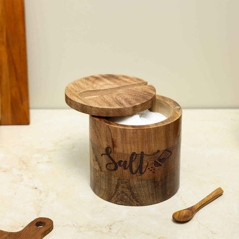 Dudki Wooden Salt Box with Attached Spoon